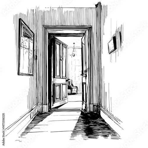 vector drawing sketch of a door to a room on a white background .Generative AI