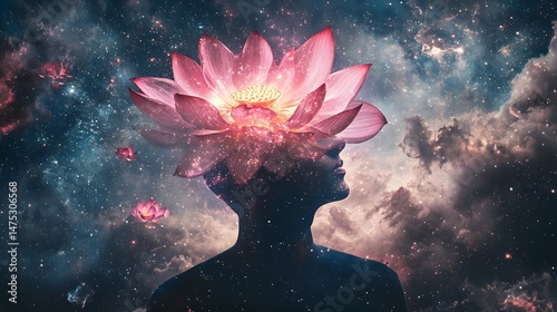 Cosmic Lotus Bloom: A serene image of a person's head silhouetted against a cosmic backdrop, with a luminous pink lotus flower blooming from their mind, symbolizing enlightenment and inner peace.