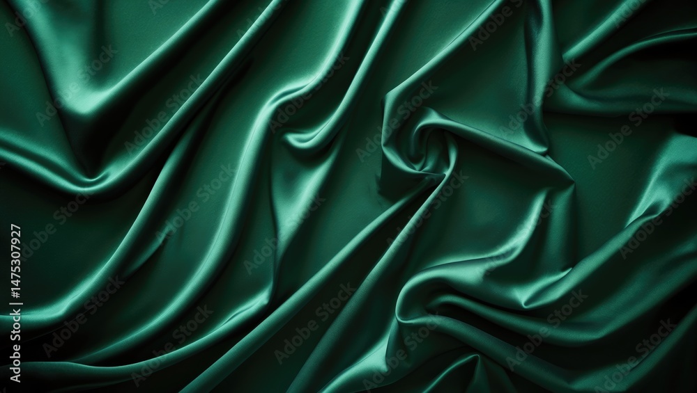 Fototapeta premium Beautiful dark green silk satin backdrop with flowing soft folds on a smooth surface. Elegant background with copy space for design, wide banner, top view, flat lay.
