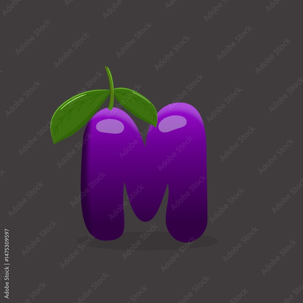 Fototapeta premium Plum letter M,M, Bright shiny alphabet letter M, Plum alphabet font a to z .