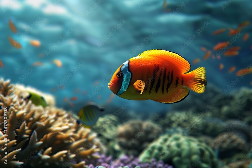 Obraz premium A vibrant orange fish with blue and black accents swims gracefully among colorful coral in a clear ocean environment.