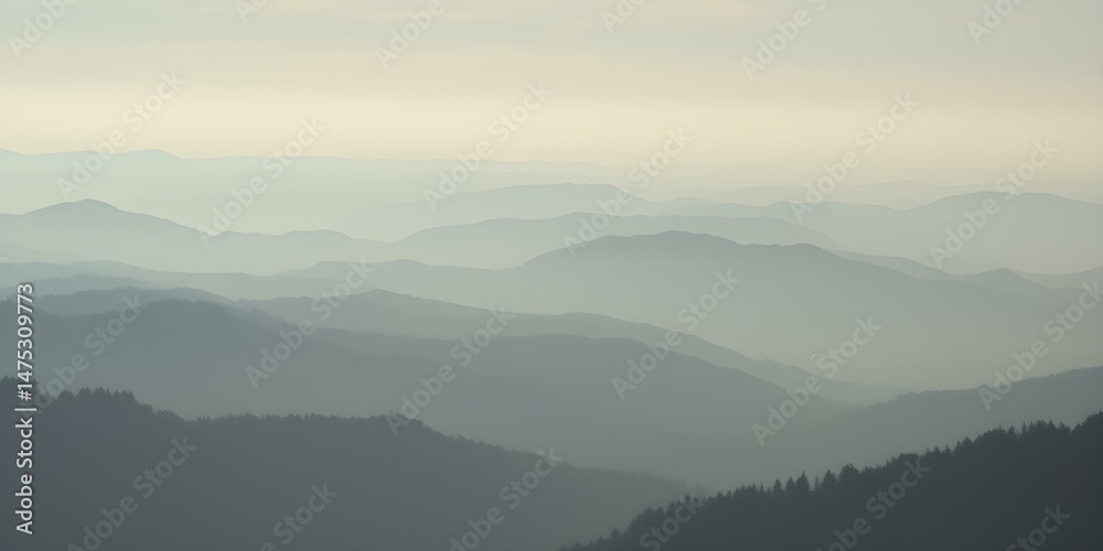 Obraz premium Rolling Hills: The soft, muted hues of a majestic mountain range, captured in a serene landscape of layered ridges, evoke a sense of calmness and vastness.