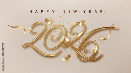 Happy new 2026 year Elegant gold text with light. New Year banner with golden 3d realistic number and falling confetti