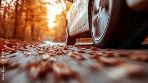 Depicting a dynamic scene of a car moving swiftly down a leaf-strewn road, this image reflects the beauty and fleeting nature of autumnal drives.