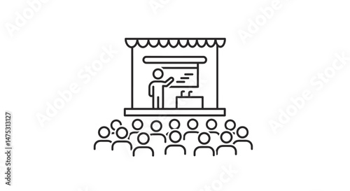 Outlined vector icon of a virtual conference stage with microphone and audience, ideal for webinar platforms, event tech, and digital communication themes.