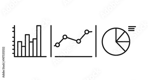 Monochrome vector icon of bar, line, and pie charts combined, symbolizing data visualization, analytics dashboards, and business intelligence tools.