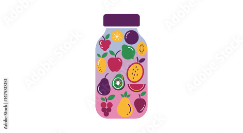 Colorful flat vector icon of a healthy smoothie bottle with vibrant fruit icons, ideal for nutrition apps, wellness blogs, juice bars, organic food packaging, and health-focused branding.