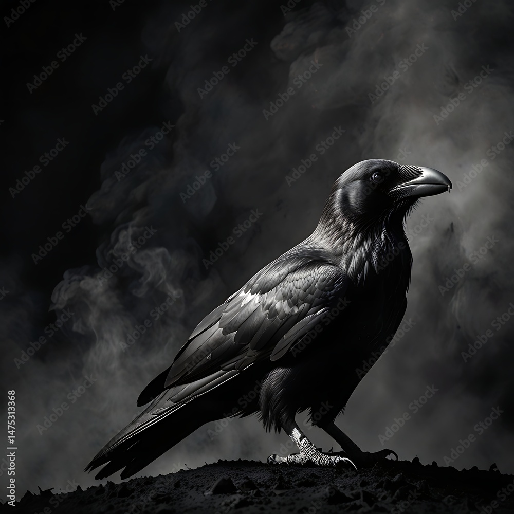 Fototapeta premium Black and White Raven in Smoke Amidst Dark Background