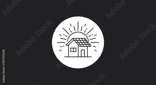 Line-art vector icon of a solar-powered house with sun rays and solar panels on roof, ideal for clean energy, green building, sustainable architecture, eco homes, and renewable power visuals.