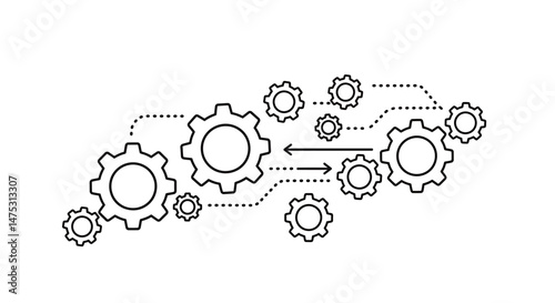 Outlined vector icon of an IoT-connected factory gear assembly, representing smart manufacturing, Industry 4.0, automation, industrial IoT platforms, and connected production systems.