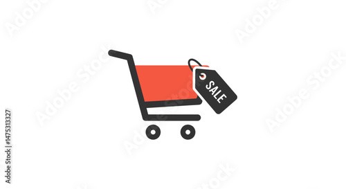 Flat design vector icon of an e-commerce shopping cart with a discount tag, perfect for online retail, sale promotions, shopping apps, marketplaces, and digital storefront visuals.