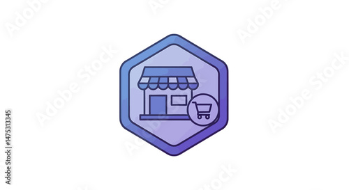 Flat vector icon of a blockchain NFT marketplace token with a stylized storefront, perfect for digital art platforms, NFT trading, crypto galleries, Web3 commerce, and virtual collectibles.