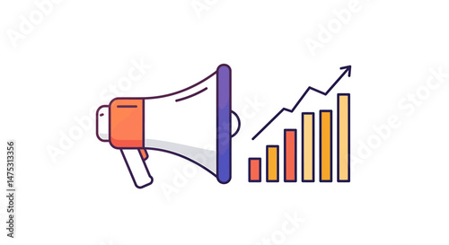 Thin-line vector icon of a digital marketing megaphone with rising analytics bars, ideal for advertising campaigns, social media marketing, SEO reports, and business growth visuals.