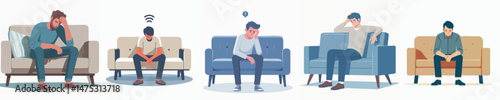 a man sitting on a sofa with a lost expression style vector flat design