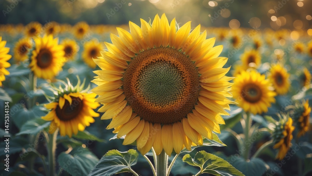 Fototapeta premium Detailed view of a sunflower with a soft-focused field in the background