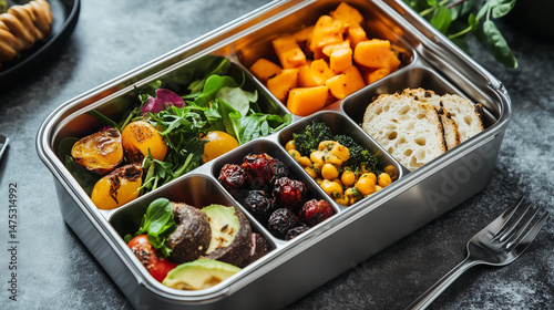 stainless steel lunch box container full with fresh vegetable and fruit lying on the marble floor in the kitchen closeup shot. food photography