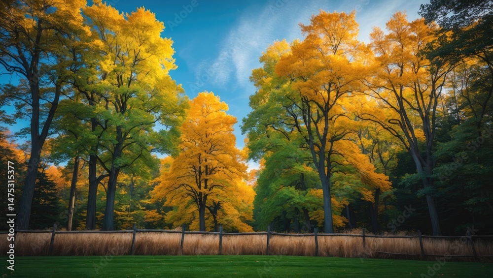 Fototapeta premium Scenic countryside with majestic trees, golden grasses, and a vibrant autumn sky