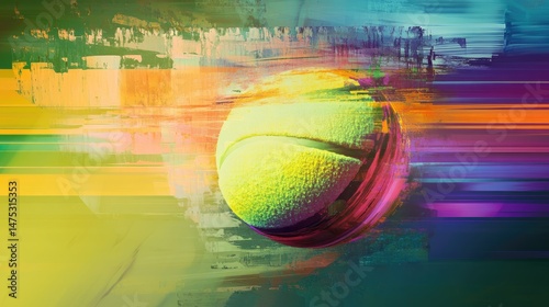 Abstract tennis ball in vibrant motion blur.