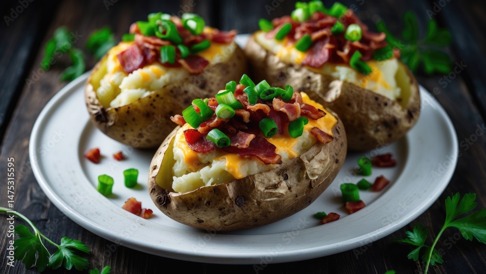 Baked potato loaded with cheese, bacon, and chopped green onions on a plate Baked potato loaded with cheese, bacon, and chopped green onions on a plate