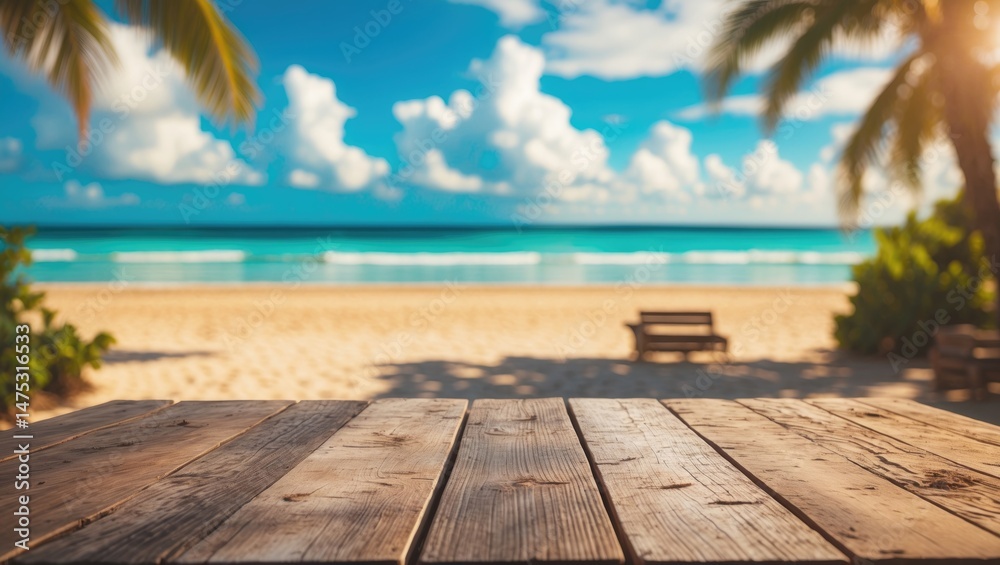 Fototapeta premium Summer beach and ocean scenery with a wooden table background offering space for your product