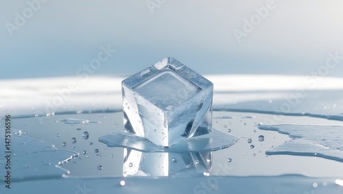 Solitary ice cube, displayed on a simple background