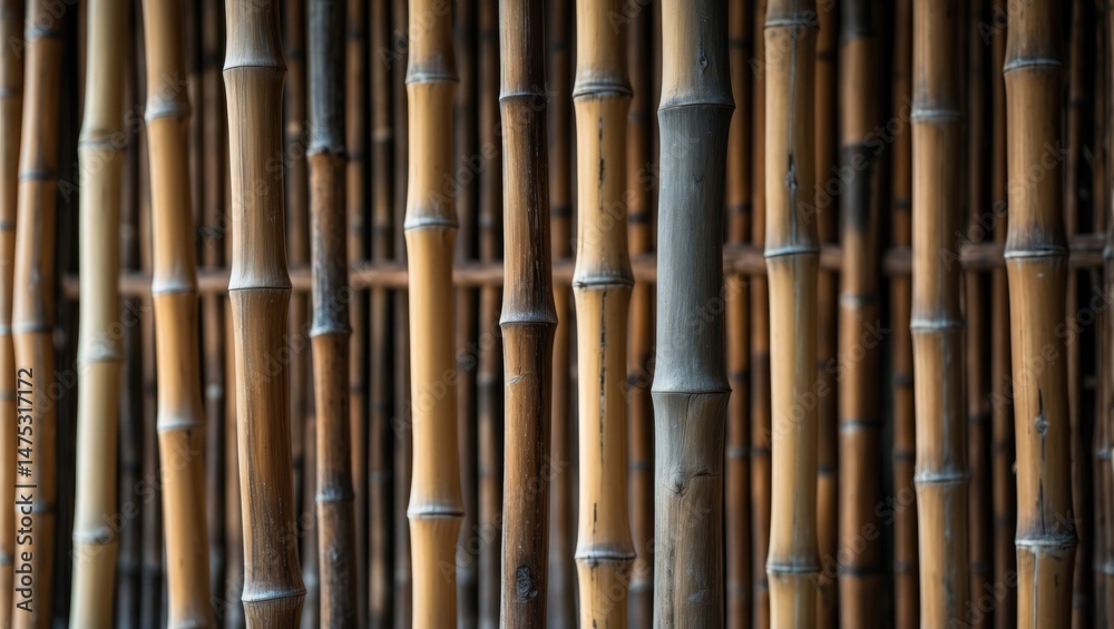 Fototapeta premium Dried bamboo wall or fence with light brown bamboo texture and an exotic bamboo cane fence appearance.