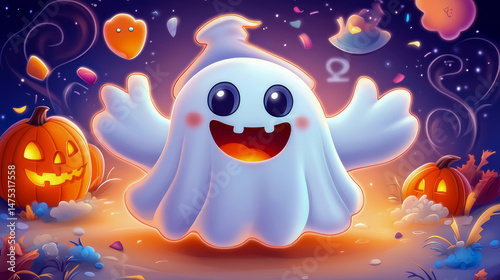 A Spooky Spirit: Halloween's Cheerful Ghost and Pumpkin Party
