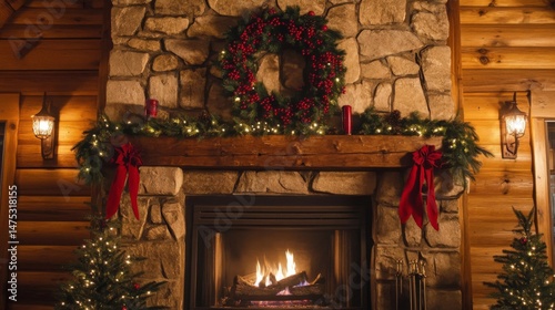 Rustic Stone Fireplace with Christmas Decor