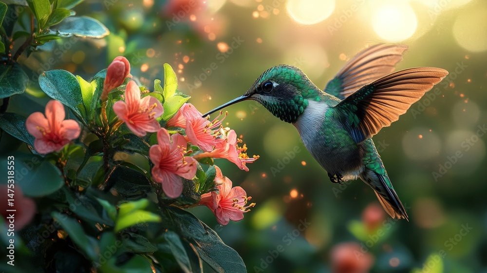 Fototapeta premium A hummingbird hovers near blooming pink flowers, in vibrant, sunlit garden. Sparkling particles around it