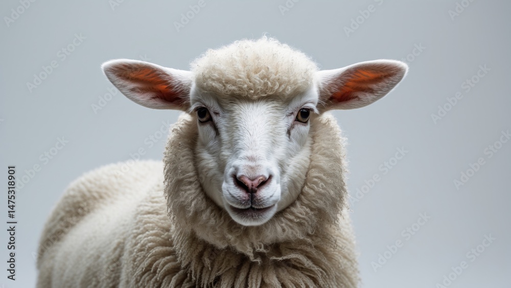 Fototapeta premium Smiling young white sheep lamb with fluffy fleece, isolated on white background