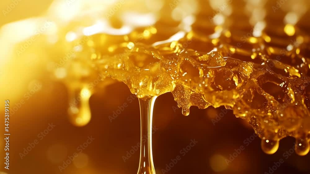 Close-up of thick golden honey oozing from a textured honeycomb structure under warm natural sunlight with soft blur in the background. Concept of organic sweetness and natural production
