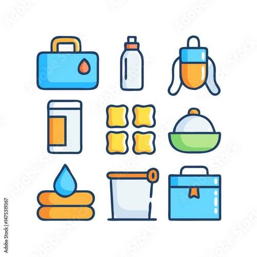 Baby care essentials vector icon set on black backdrop