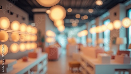 Soft focus on light bulbs and fixtures in a residence. Abstract pieces on the wall.
