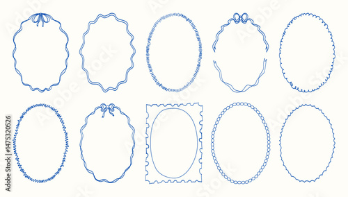 A set of blue and white circles with a bow in the middle. The circles are all different sizes and shapes
