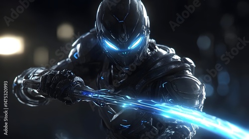 Futuristic Warrior in Action: A highly detailed illustration of a cybernetic warrior brandishing a glowing energy sword, exuding power and technological prowess. 