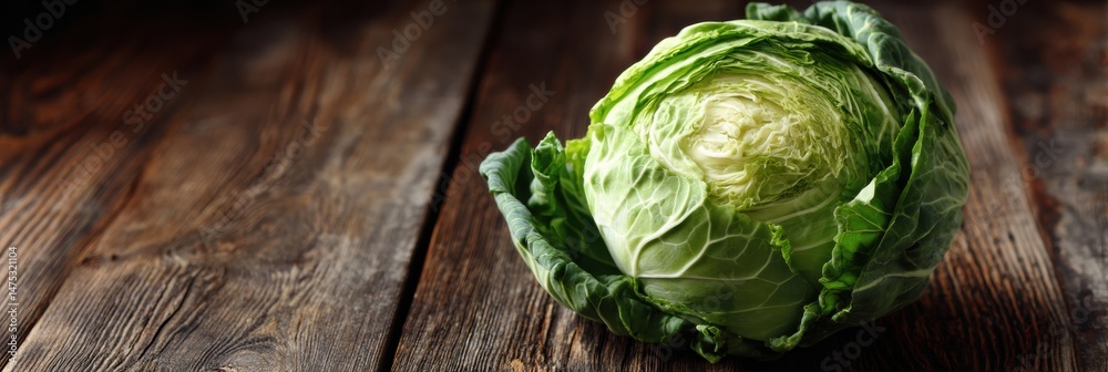 Obraz premium Fresh Green Cabbage Resting on a Rustic Wooden Table With Outer Leaves Intact and Vibrant Colors Captured Beautifully