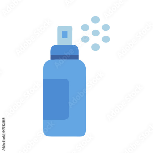 Simple blue spray bottle with spray droplets on black