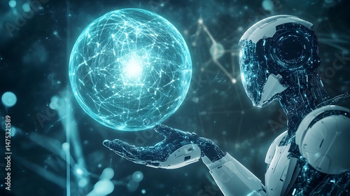 Digital Sphere: A cutting-edge robotic entity tenderly cradles a glowing digital sphere of interconnected networks, a visual representation of technological innovation and the future.