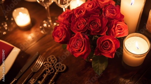Romantic Candlelit Dinner Setting with Red Roses