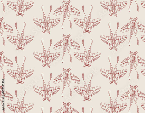 Lunar moth vector pattern with line art. Magical luna moth illustration background. Minimalist moth texture for wallpaper, wrapping paper, and textiles.