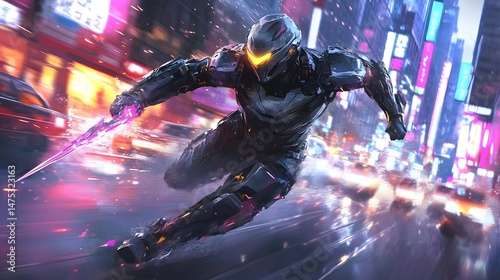 Cybernetic Knight's Urban Sprint: A futuristic armored knight cuts through a vibrant cityscape with a glowing energy sword, blending sci-fi intensity with urban dynamism.