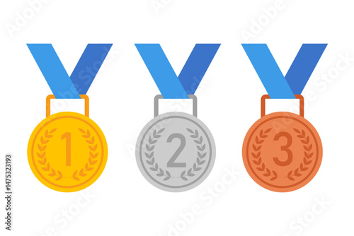 Gold, silver and bronze medals with ribbons flat vector icons for sports apps and websites. Sports icons and badges for design designs.