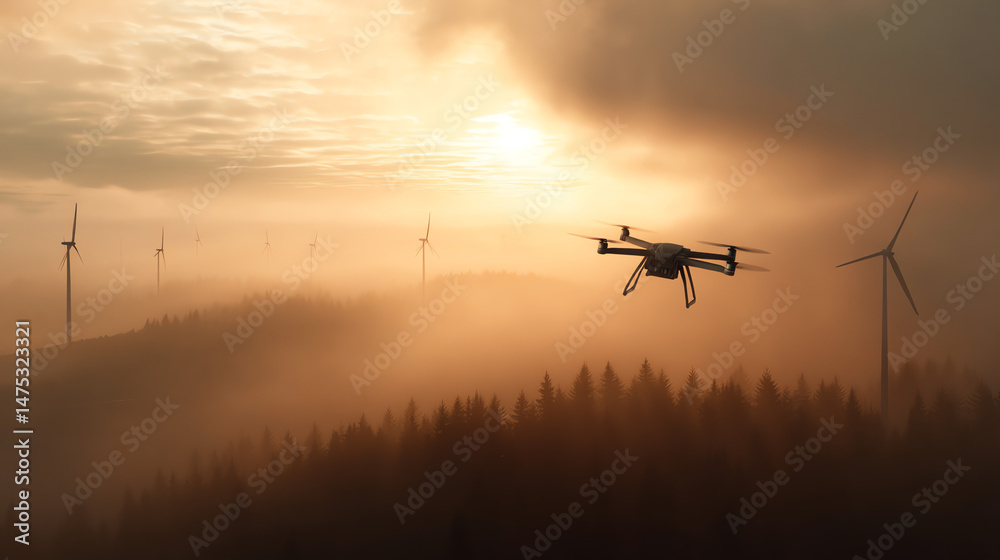 Fototapeta premium drone inspecting wind turbine