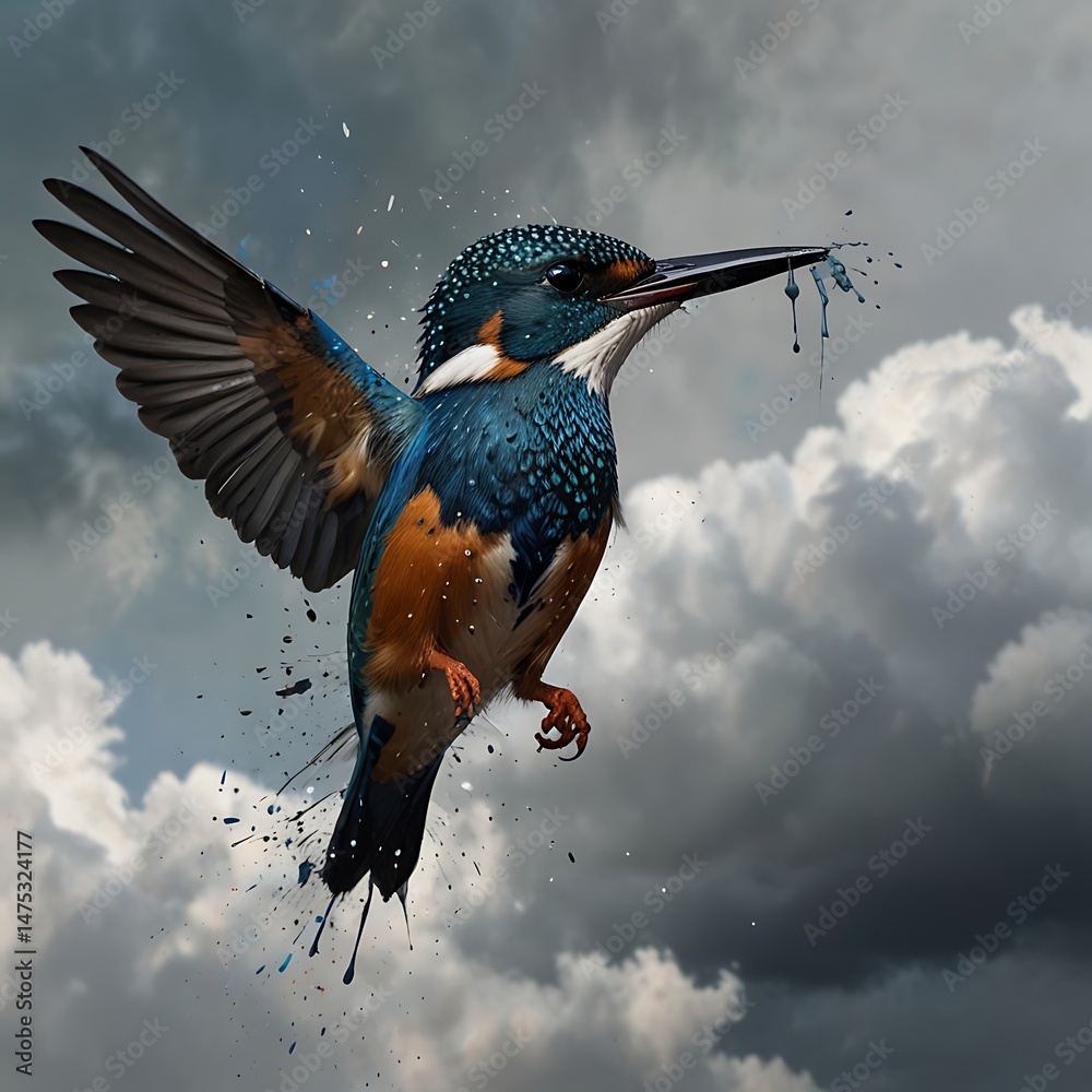 Obraz premium Blue Kingfisher in Exploding Paint Splatter Amidst Clouds