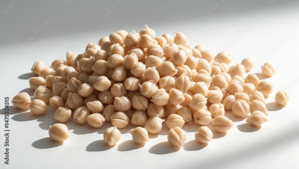 Close-up of chickpeas arranged on plain white surface Close-up of chickpeas arranged on plain white surface