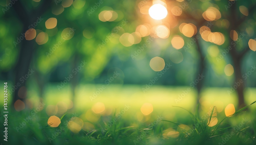 Obraz premium Blurry landscape of a park with trees and sunlight creating an abstract backdrop