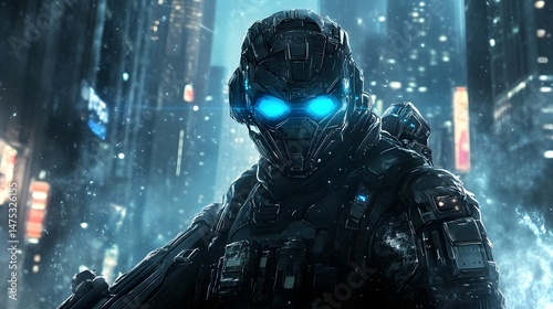 Cybernetic Warrior in Futuristic Metropolis: An imposing figure of a cybernetic warrior stands ready in the heart of a towering futuristic metropolis.