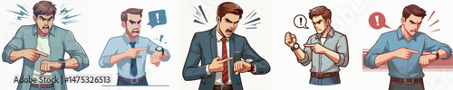 a man pointing at watch angrily style vector flat design
