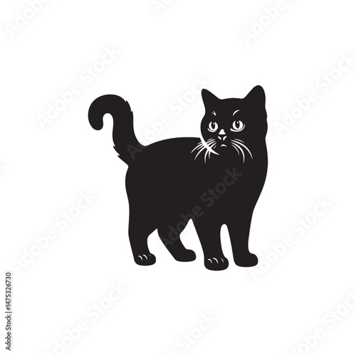 British Shorthair Vector Silhouette: Iconic and Sturdy Cat Illustration in Clean Vector Style, Showcasing the Breed’s Round Face, Plush Coat, and Distinctive Stocky Build in Profile.
