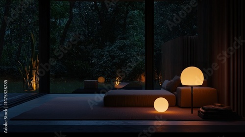 A modern bedroom interior illuminated by glowing orb lamps at night